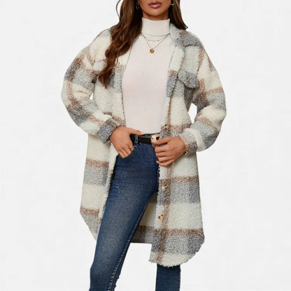 Just-Outlet | Women’s Plaid Lapel Collar Jacket – Elegant Suede & PU Design