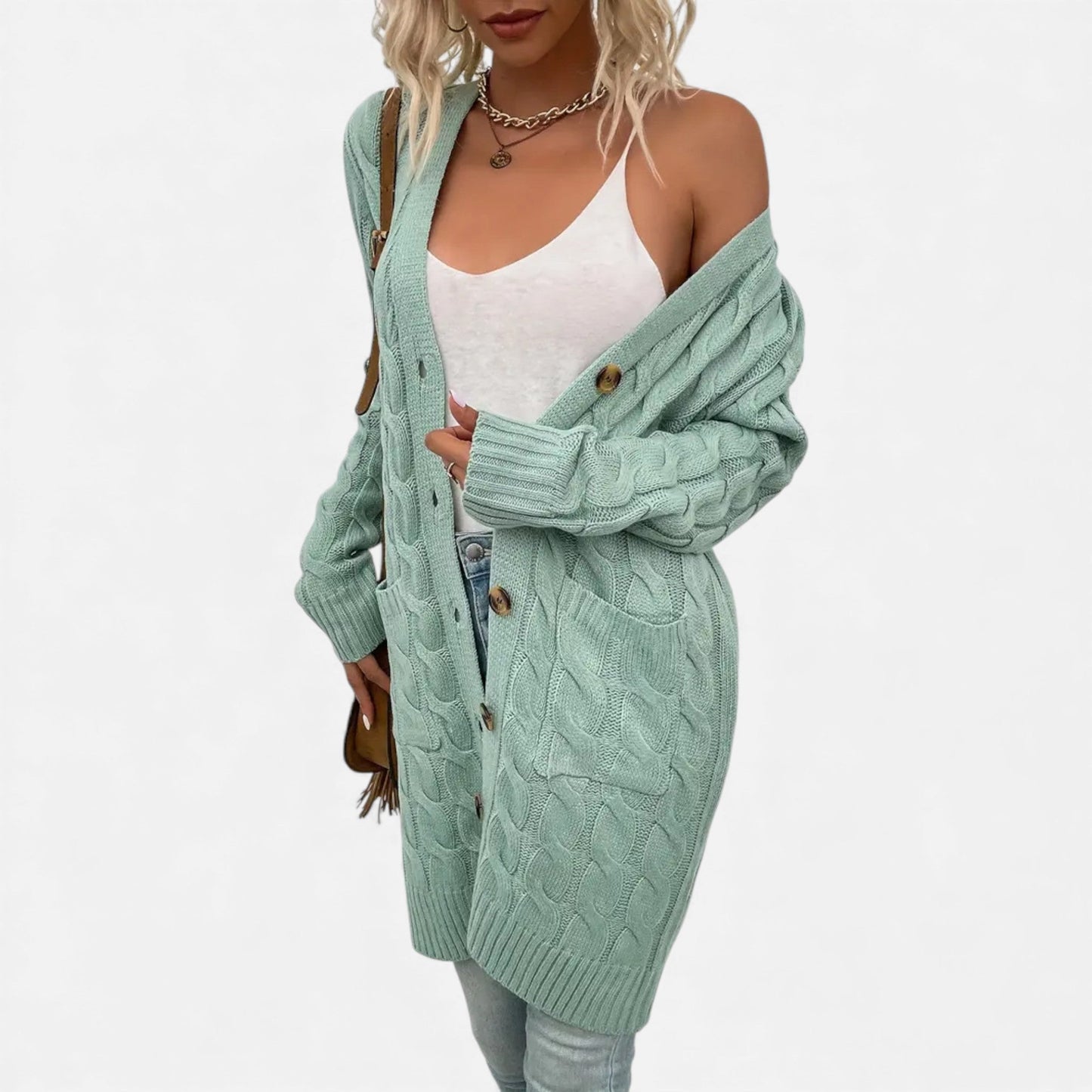 Just-Outlet | Women’s Twisted Knit Long Cardigan – Vintage Buttoned Elegance