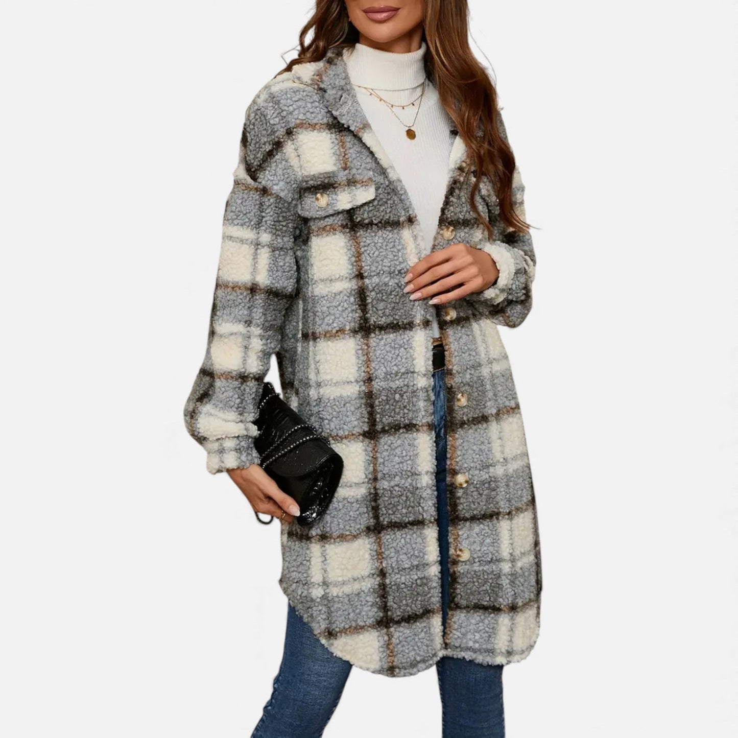 Just-Outlet | Women’s Plaid Lapel Collar Jacket – Elegant Suede & PU Design