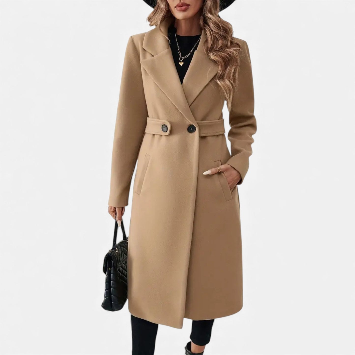 Just-Outlet | Women’s Longline Coat – Double-Belt A-Line Elegance