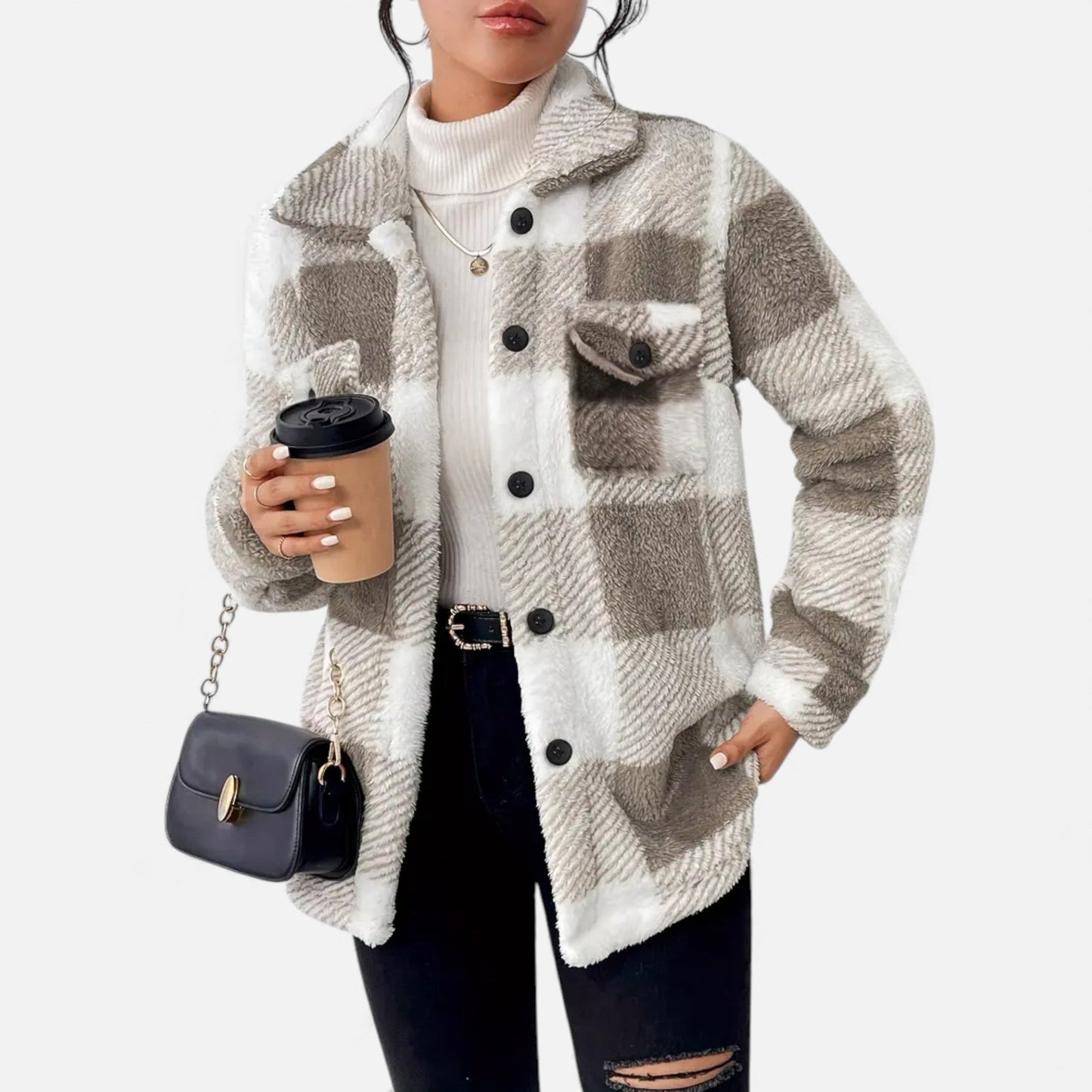 Just-Outlet | Women’s Plush Checkered Winter Jacket – High-Elasticity Coat