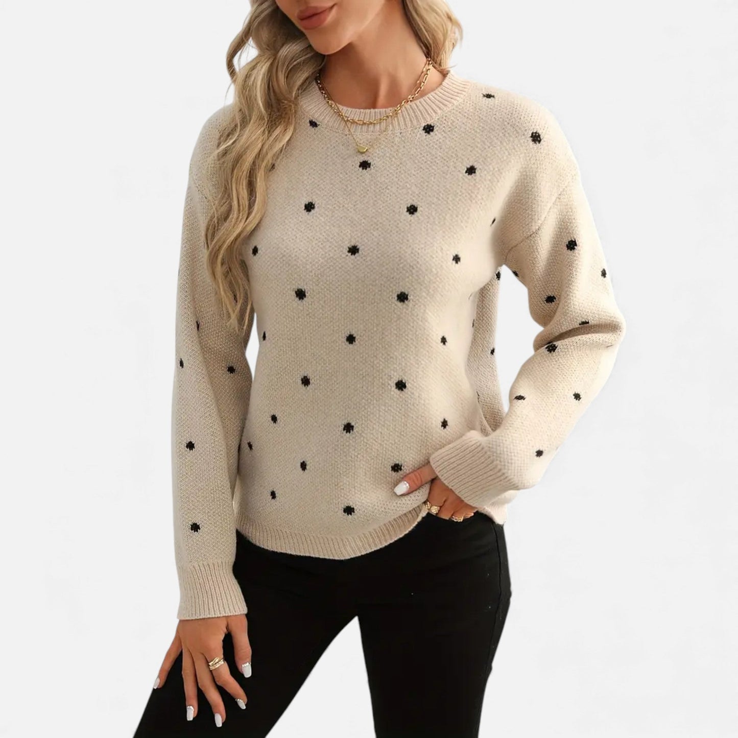 Just-Outlet | Women’s Sweater – Polka-Dot Crew-Neck Elegance