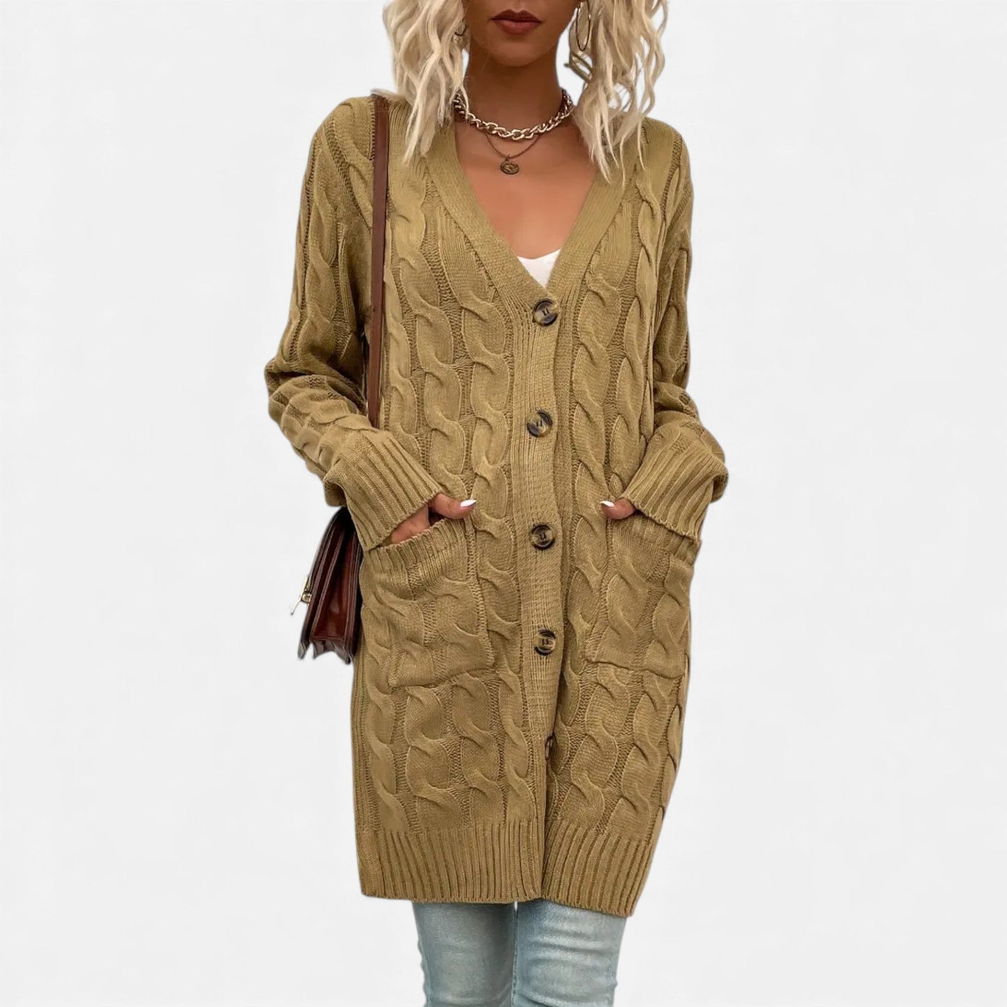 Just-Outlet | Women’s Twisted Knit Long Cardigan – Vintage Buttoned Elegance