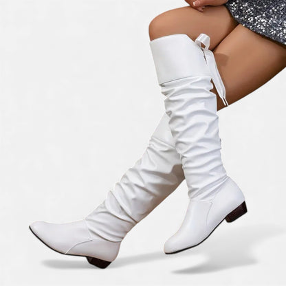 Just-Outlet | Women’s Bow Knee-High Boots – Classic Low-Heel Elegance