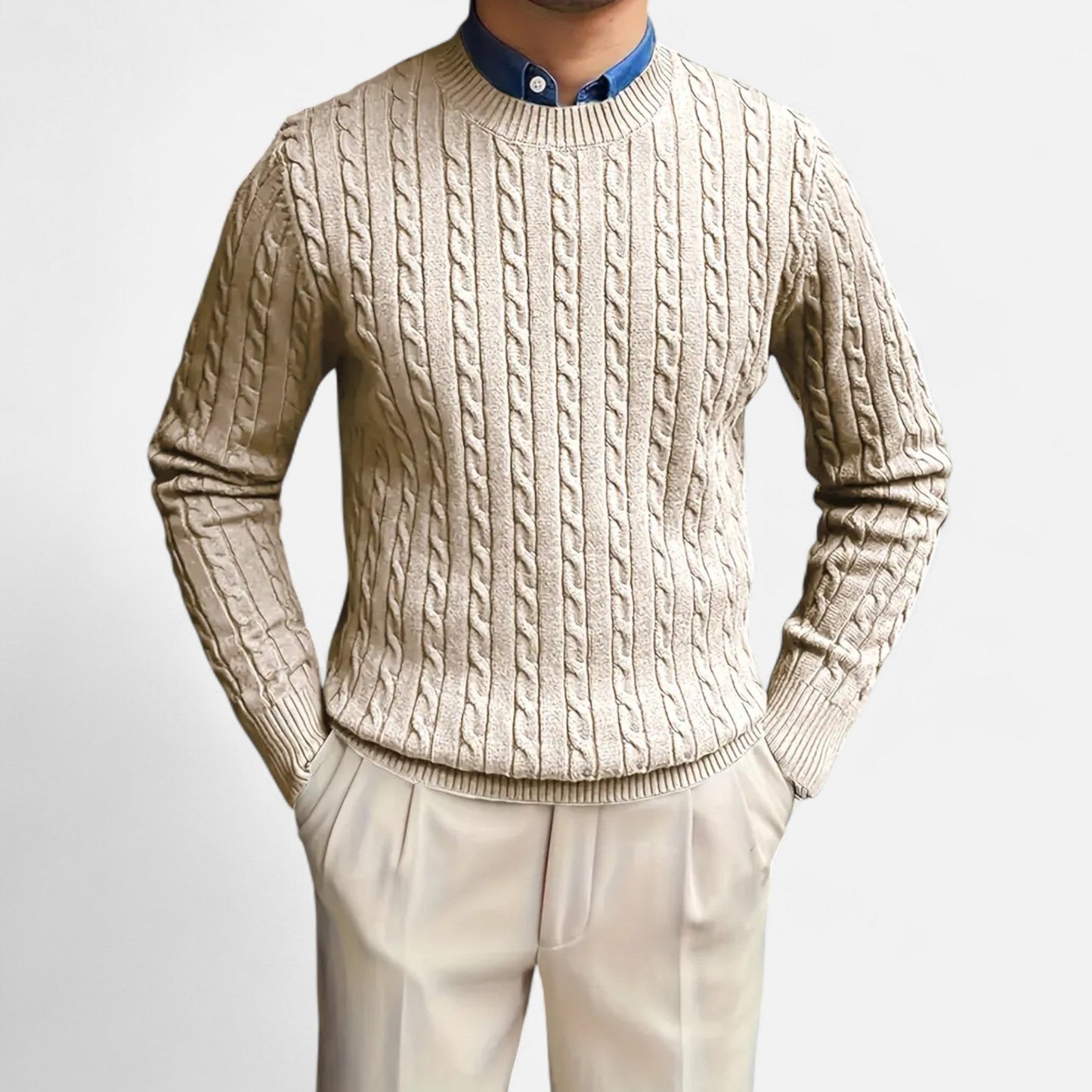 Just-Outlet | Men’s Round Neck Twisted Rope Knit Sweater – Classic Cable Jumper