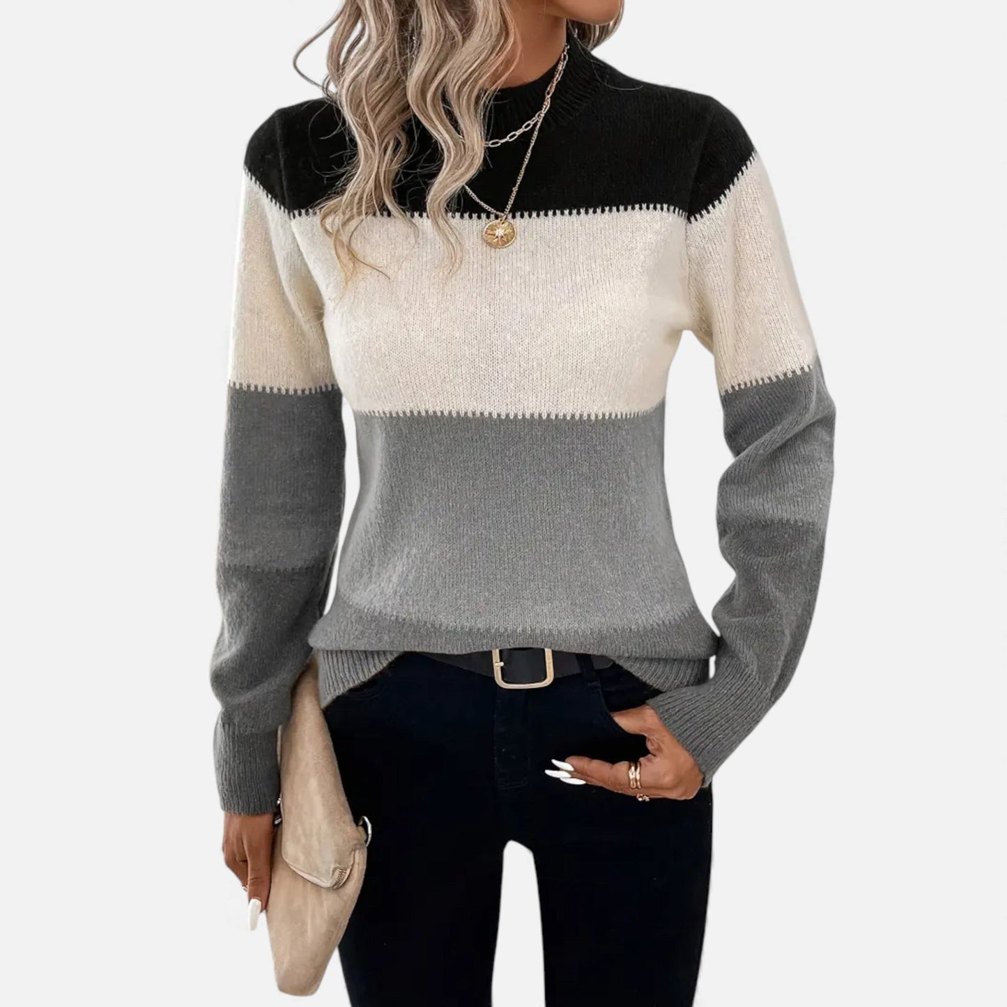 Just-Outlet | Women’s Sweater – Elegant Striped Crew-Neck