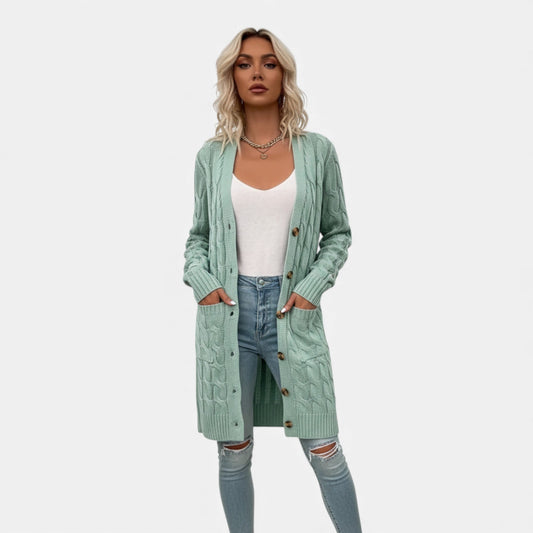 Just-Outlet | Women’s Twisted Knit Long Cardigan – Vintage Buttoned Elegance