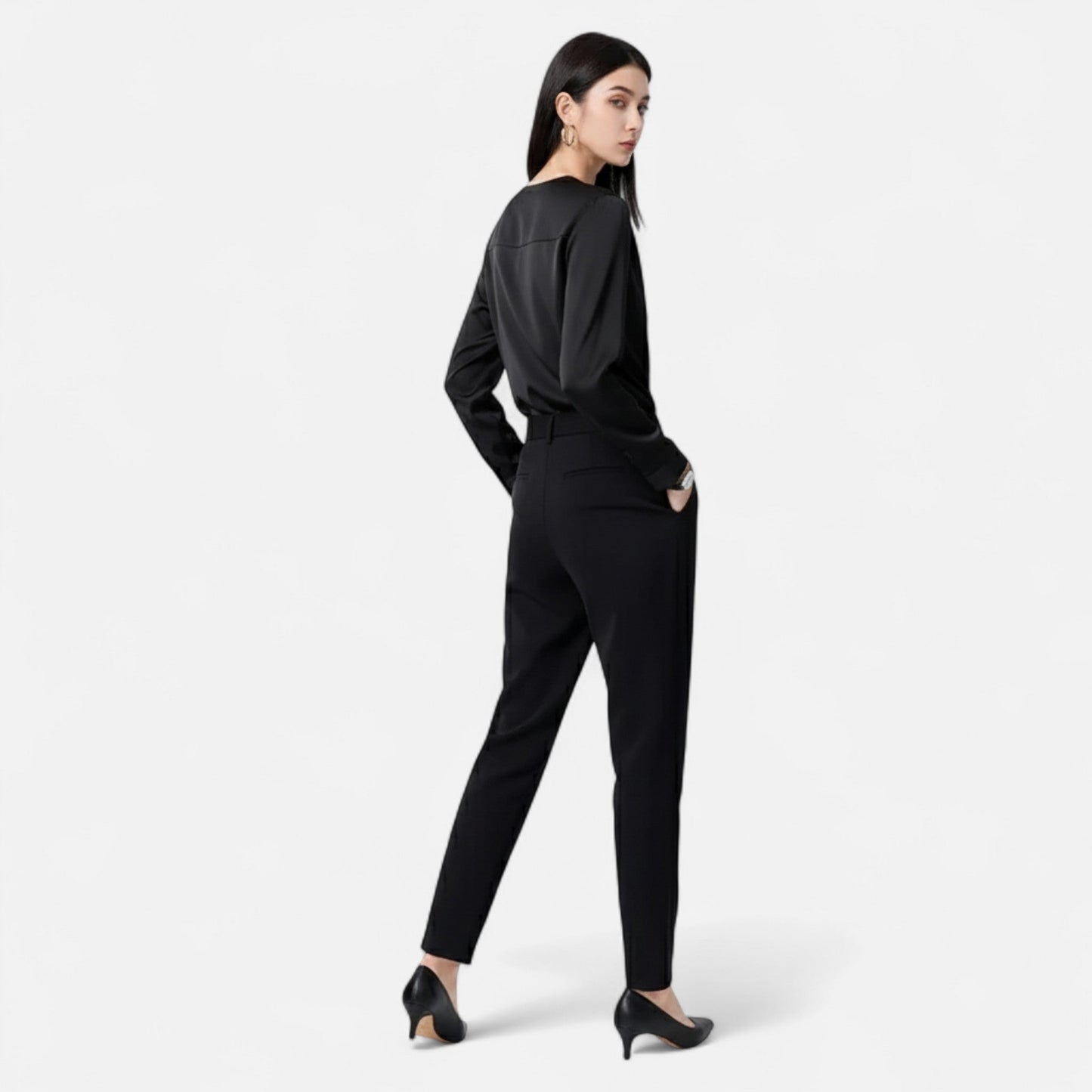 Just-Outlet | Women’s Blouse – Satin V-Neck Long Sleeve