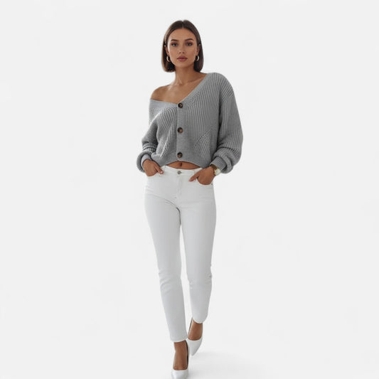 Just-Outlet | Women’s Cardigan – Deep Collar Lantern Sleeve Elegance