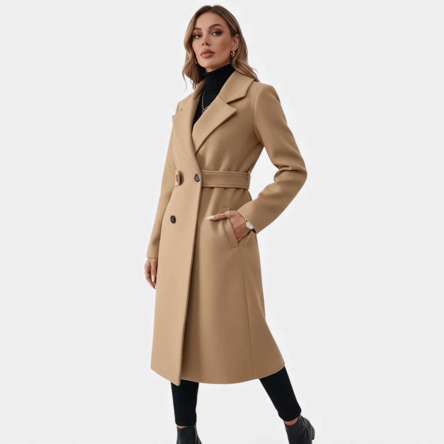 Just-Outlet | Women’s Longline Coat – Double-Belt A-Line Elegance