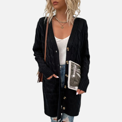 Just-Outlet | Women’s Twisted Knit Long Cardigan – Vintage Buttoned Elegance