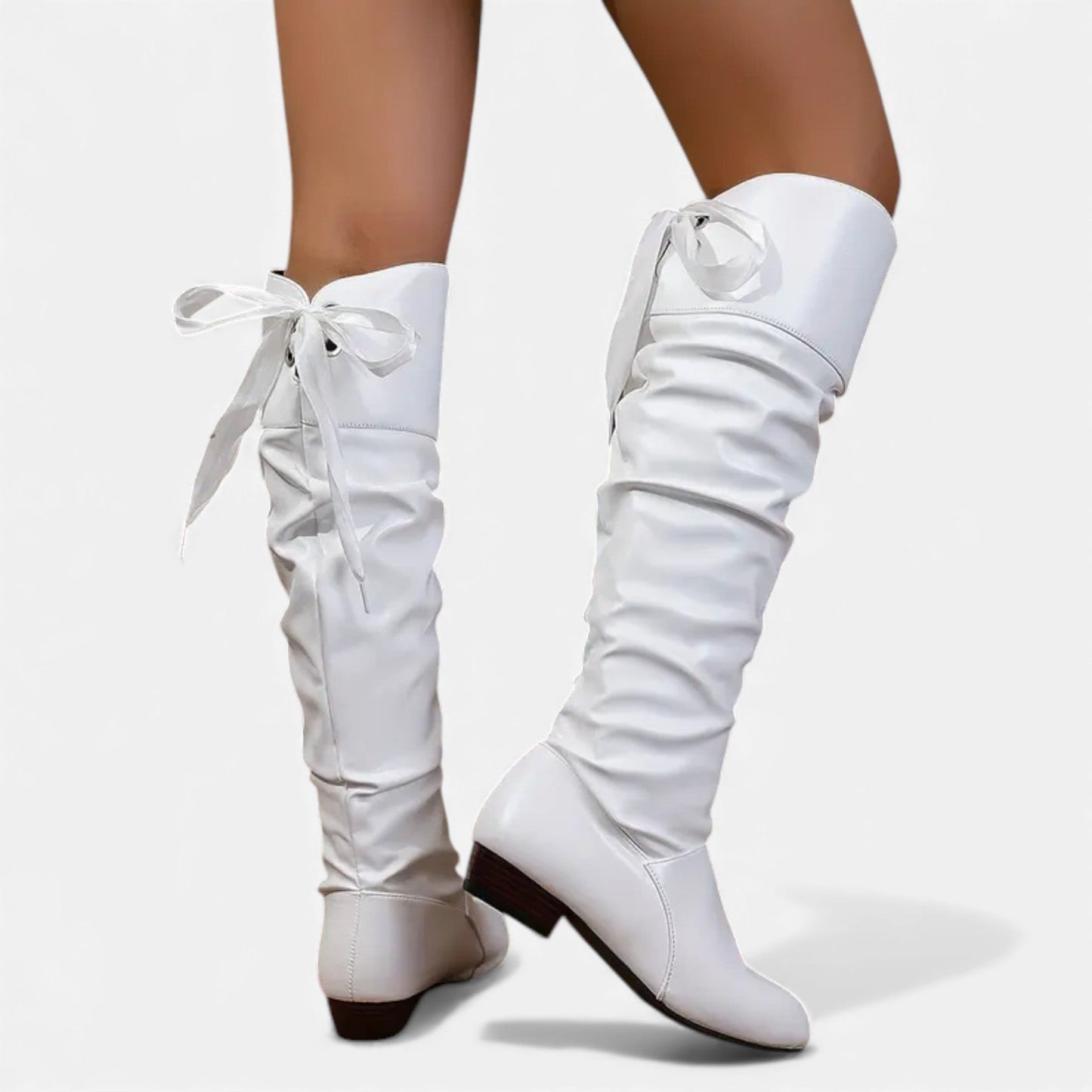 Just-Outlet | Women’s Bow Knee-High Boots – Classic Low-Heel Elegance