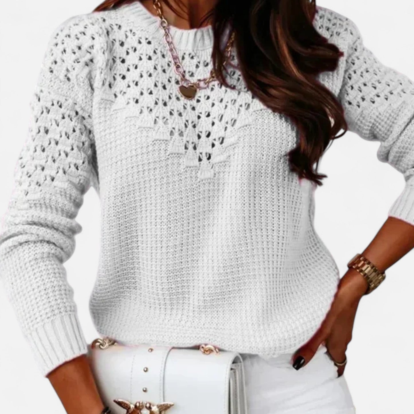 Just-Outlet | Women’s Sweater – Jacquard Hollow Round Neck Elegance