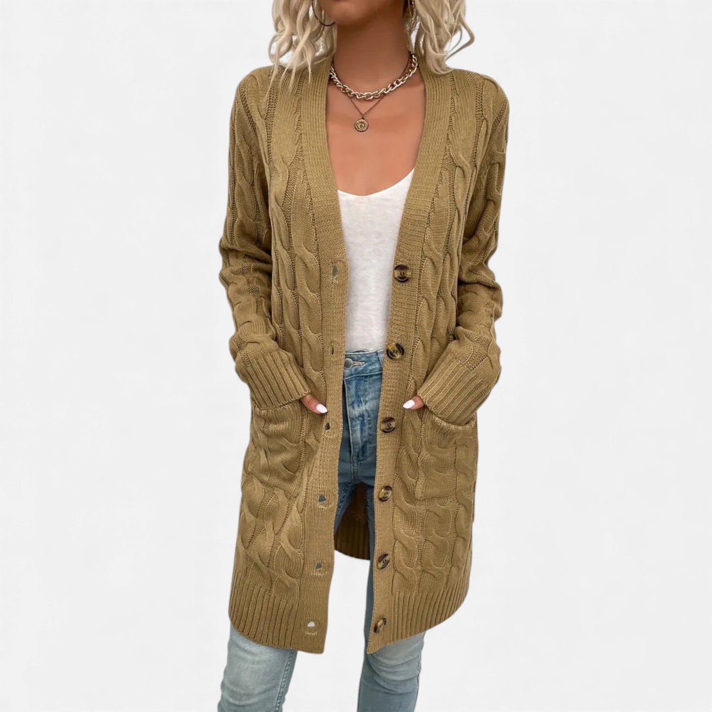Just-Outlet | Women’s Twisted Knit Long Cardigan – Vintage Buttoned Elegance