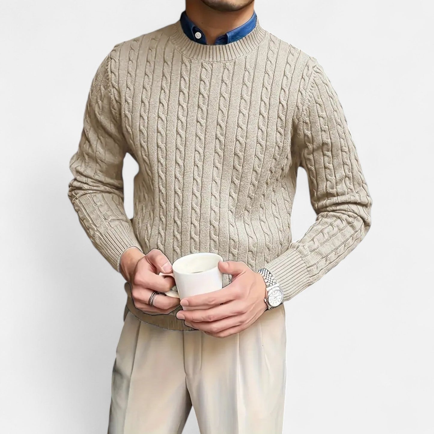 Just-Outlet | Men’s Round Neck Twisted Rope Knit Sweater – Classic Cable Jumper